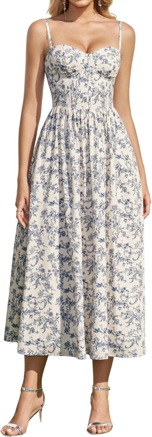 Parthea Summer Floral Corset Midi Dress Lace Spaghetti Straps Flowy A Line Casual Wedding Guest Dresses with Pockets