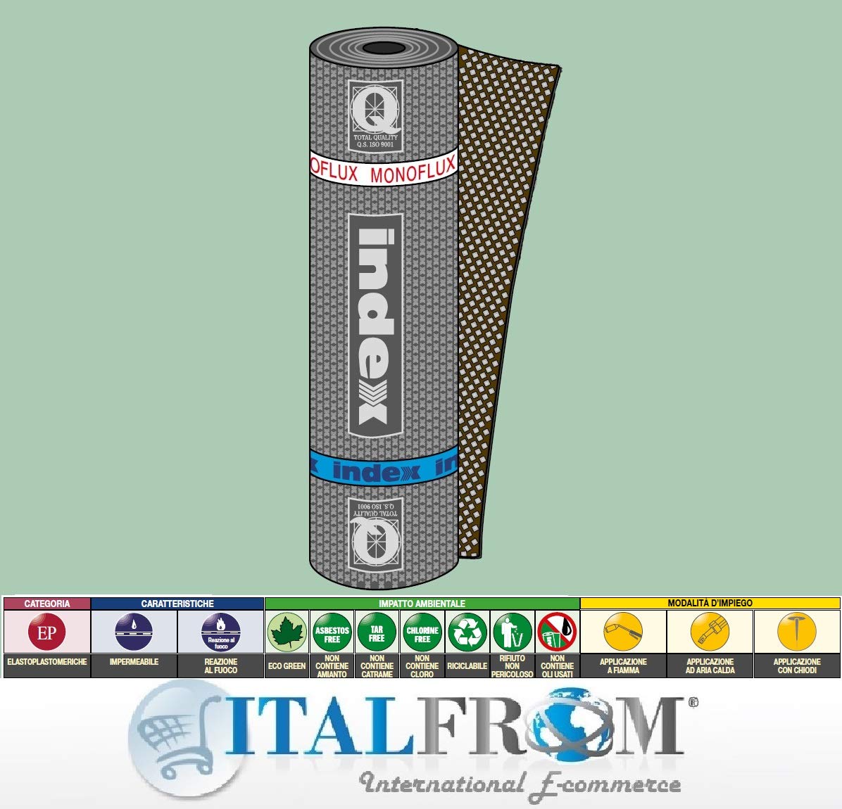 Italfrom – Membrana impermeabilizante bituminosa monoflux, poliéster, 4 mm de grosor, 1 x 10 m de altura