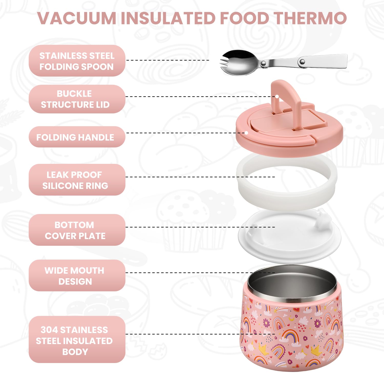 Itslife Termo para Comida 420ml, Recipiente Térmico para Comida con Cuchara, Acero Inoxidable Fiambrera Termica Infantil y Adultos, Contenedor Térmico para Picnic, Escuela y Oficina, Arco iris