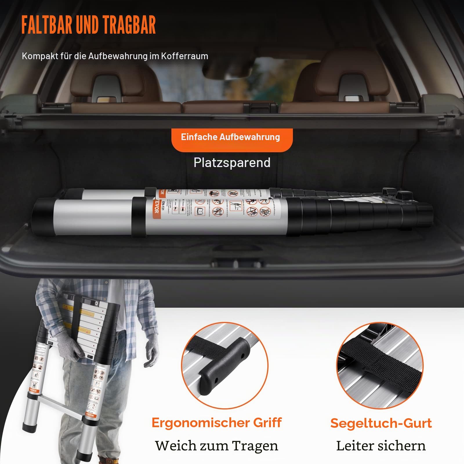 VEVOR 3,2m Teleskopleiter Rutschfester Klappleiter 48x9,5x76,5cm Stehleiter EIN-Knopf-Rückzug Mehrzweckleiter Aluminiumlegierung 170kg Belastbarkeit Ideal für Hausreparaturen Dekoration Wandanstrich