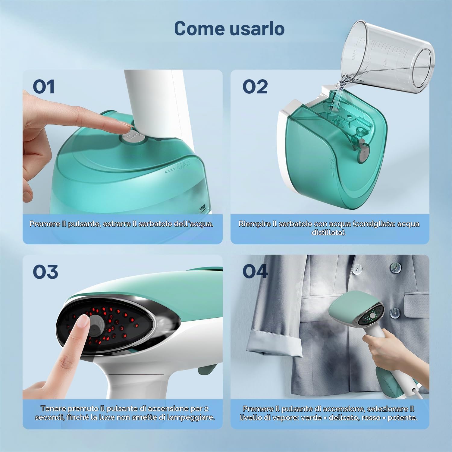 Ferro da Stiro Verticale, Stiratore a Vapore Portatile 1500W con Serbatoio 365ml, 2 Modalità Vapore, Spazzola per Tessuti, Vaporetta da Viaggio per Casa e Ufficio, Pronto in 25 Secondi