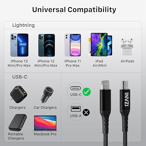 Miniatura 3 de INVZI Cable USB C a Lightning con certificado MFi, cargador rápido para iPhone de 6.6 pies, cable trenzado de nailon para iPhone 16 Pro