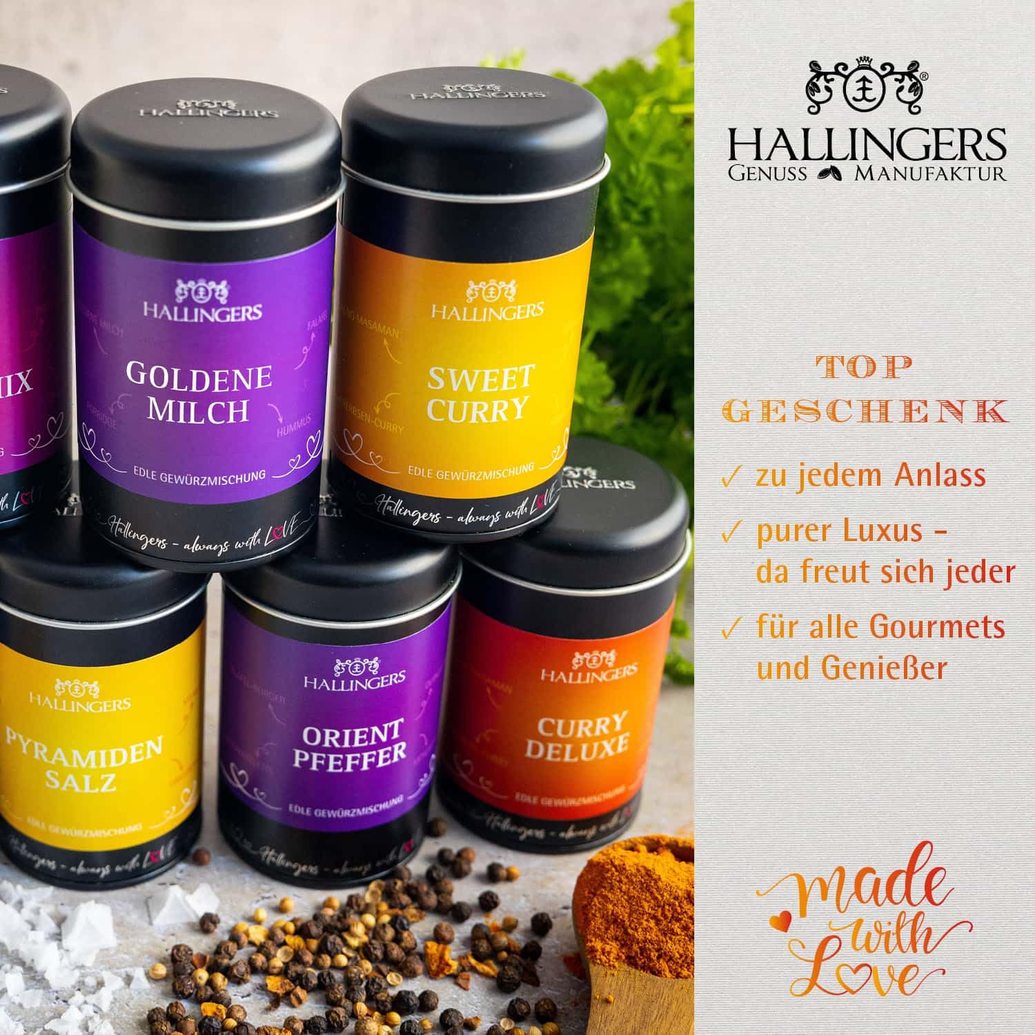 Hallingers Genuss Manufaktur Gewürz Geschenk-Set - Selektion unserer Besteller als Probierset in edlen Aromadosen & Tragetasche "Orientalische K...", Geschenkidee für Männer Freund
