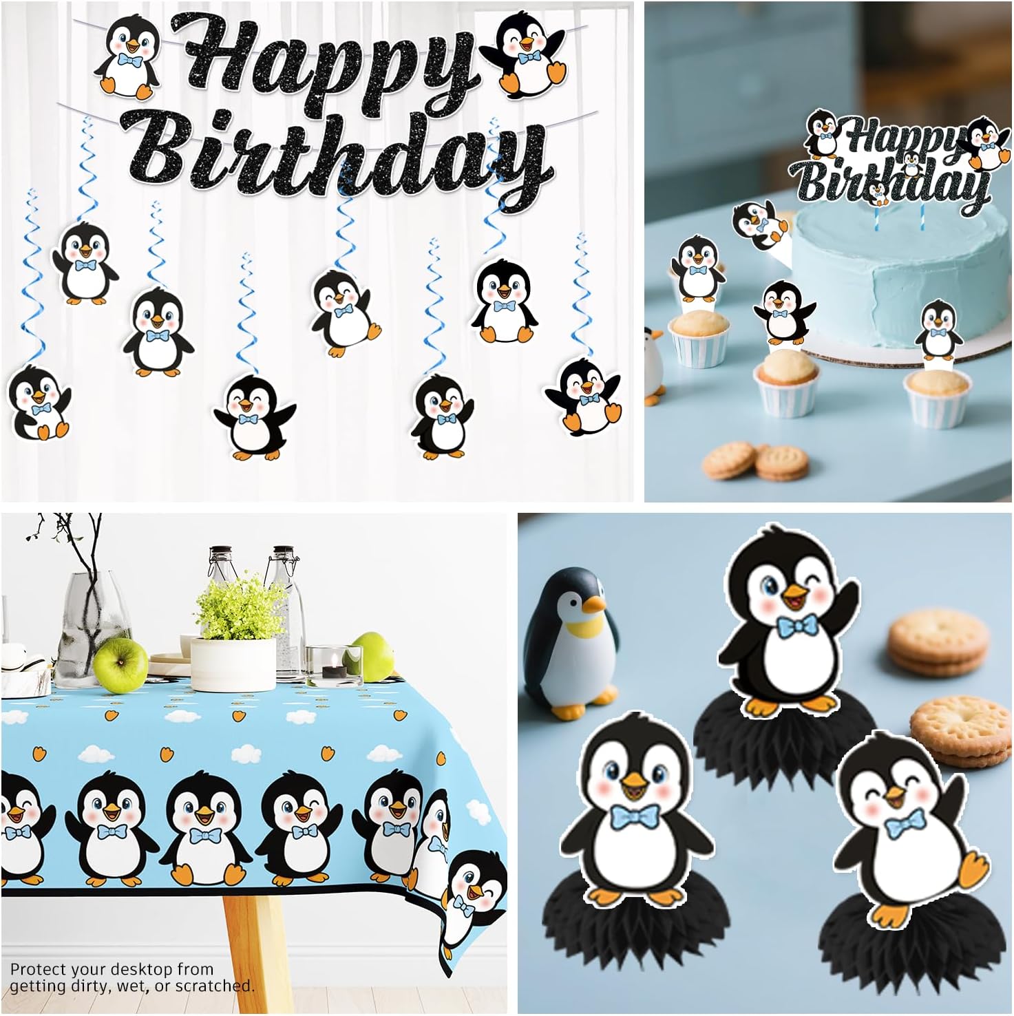Xynic 329pcs Penguin Birthday Decorations Tableware Complete Party Set, Penguin Party Decorations Serves 50 Guests, includes PenguinTheme Paper Banner Cake Topper Balloons Plates Napkins Cups, etc