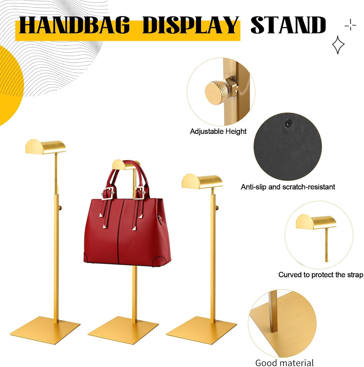 Purse Display Stand 3PCS Handbag Bag Stand Purse Rack Golden Stainless Steel Hanging Hook Stands Vendors Tabletop Adjustable Height Organizer Home Store Boutique Counter