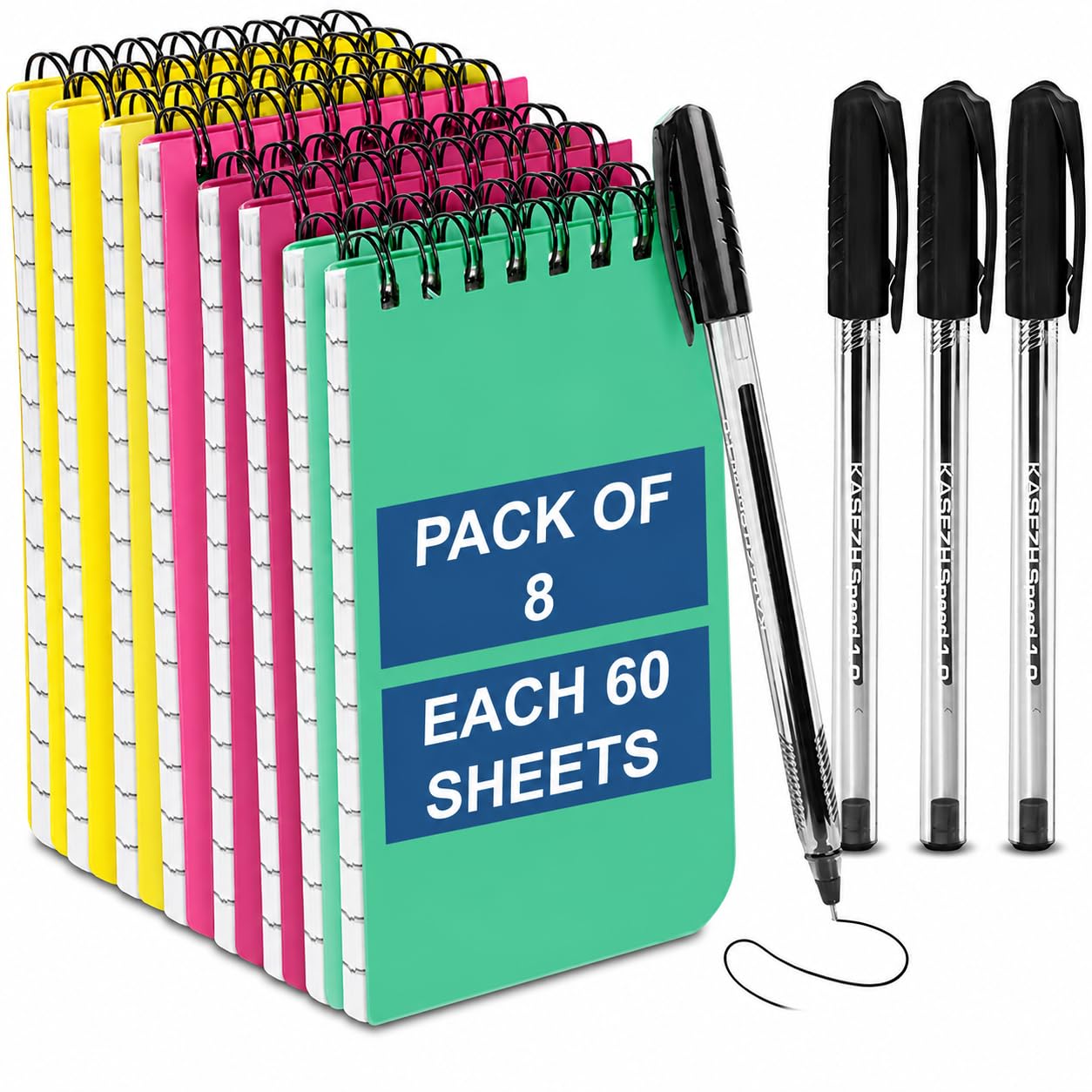 KASEZH 8 Pack 3x5 Pocket Spiral Notepads 60 Sheets (120 Pages) with 4 Black Ballpoint Pens – 70 GSM Mini Wirebound Pocket Memo Pad in Assorted Colors & Black pens for Office & Journaling