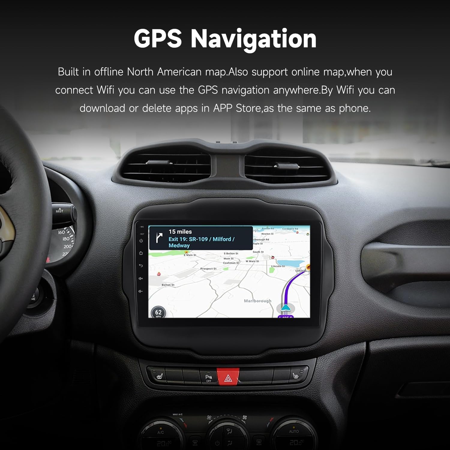 Autoradio 9" Android per Jeep Renegade 2014 2015 2016 2017 2018 2019 2020, Wireless CarPlay Android Auto, Navigazione GPS, Bluetooth, WiFi, Schermo Touch HD, Supporto Retrocamera
