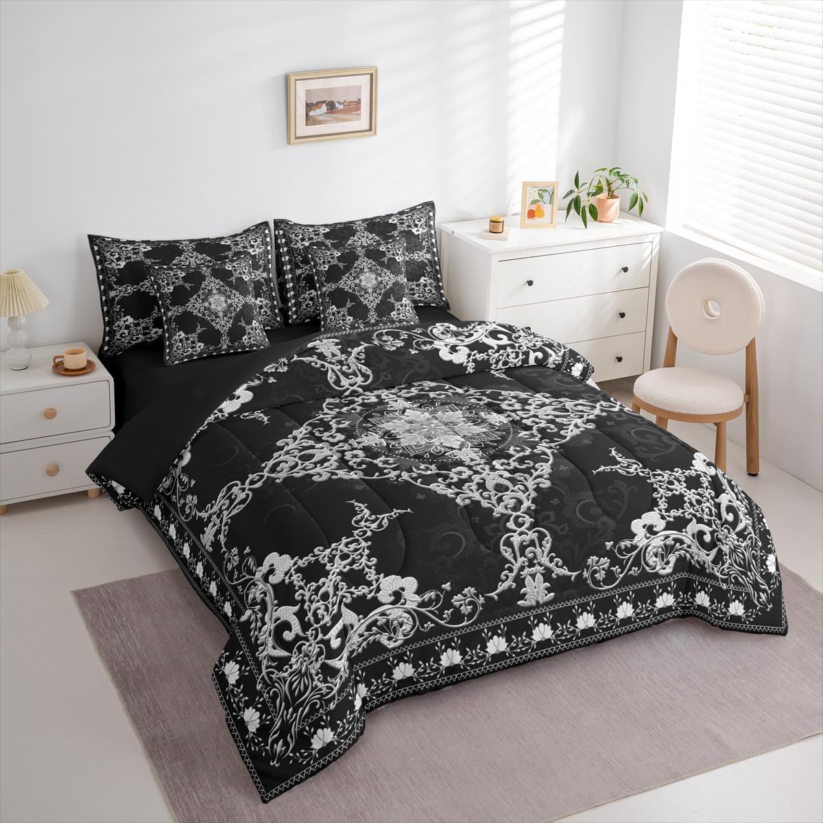 Erosebridal Black White Damask Queen Comforter Set with Sheets 7 Piece Antique Exotic Gothic Bed in A Bag Vintage Boho Floral Bedding Sets for Men Adults Victorian Baroque Flower Bed Set