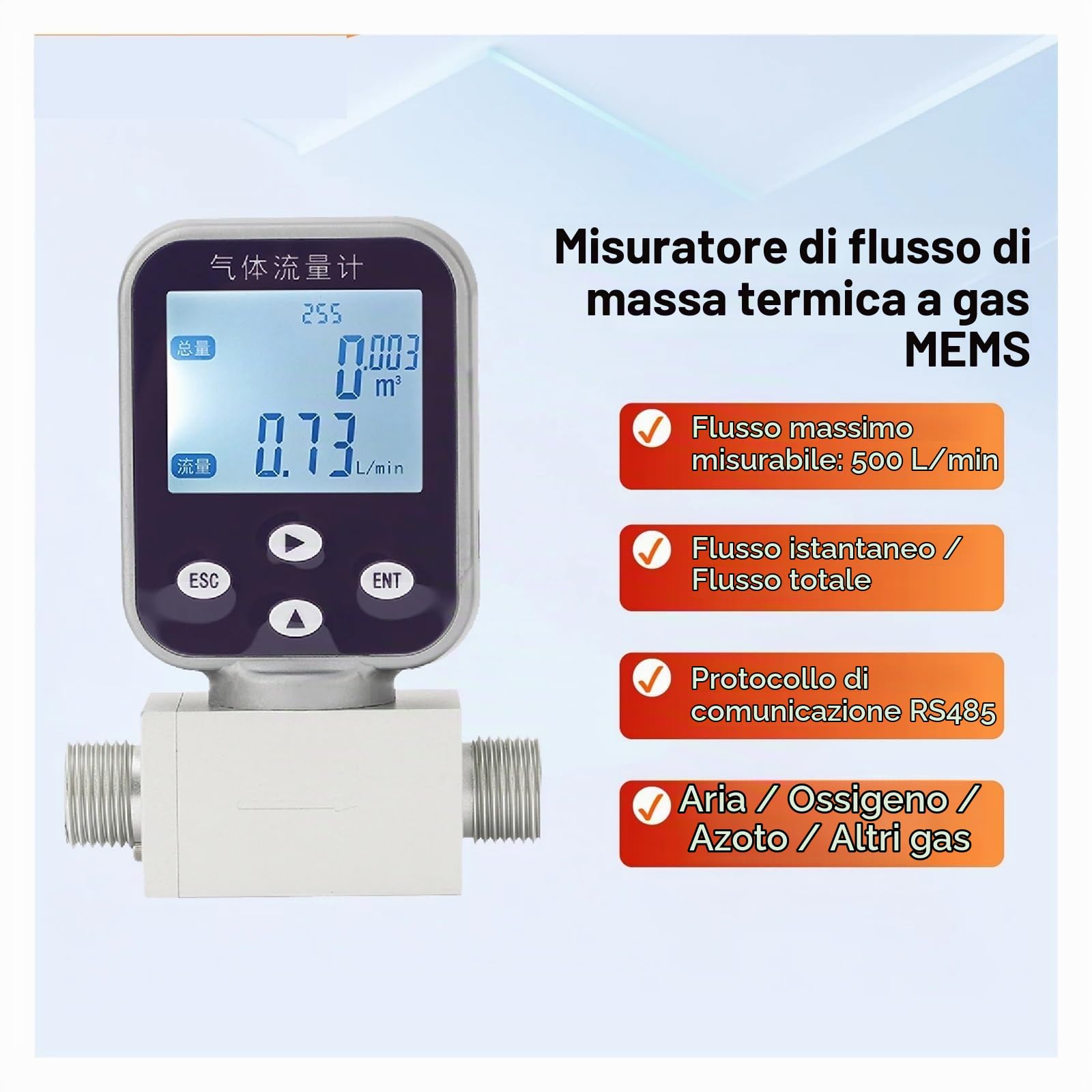 Misuratori di portata, Misuratore di portata di gas microtermico, sensore di portata di massa digitale for aria compressa, ossigeno, azoto, argon e metano, uso industriale(Air-0.5-50L-min)