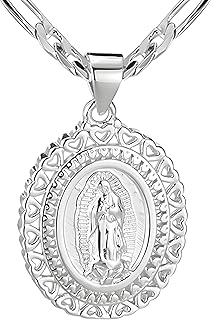 Virgin Mary Necklace for Women, 14K Gold Plated Copper Virgen de Guadalupe Charm Pendant, Valentine Mother's Day Our Lady Blessed Christian Catholic Gifts for Her with Jewelry Box Figaro Chain