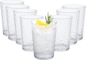 bzyoo ChillCraft 16oz Tumbler Glass Set, BPA-Free Durable Food-Grade Plastic, Set of 8, Clear with Hammered Glass-Style Design, Ideal for Water, Juice, Lemonade, Iced Tea, Indoor & Outdoor Use