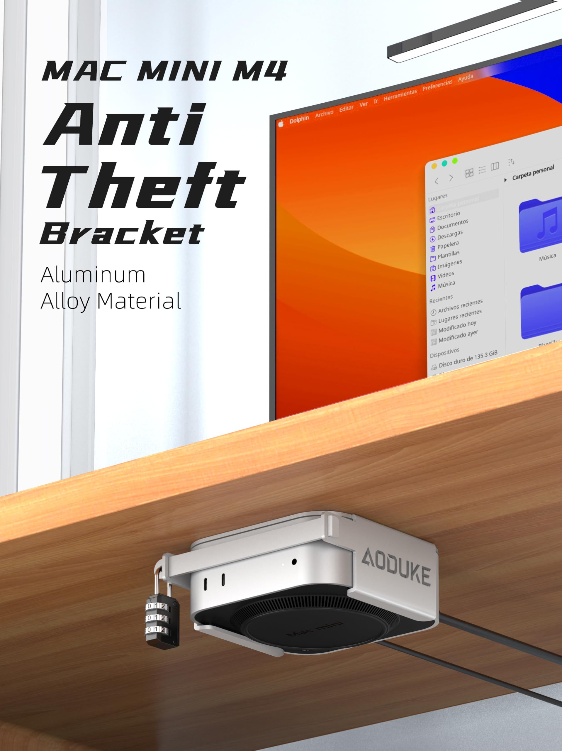 Uchwyt bezpieczeństwa zamka szyfrowego ze stopu aluminium 2024 Mac Mini M4, kompatybilny z monitorem otworów VESA lub ścianą gipsową, z zamkiem pod biurkiem i mocowaniem ściennym - AJM4GS-W