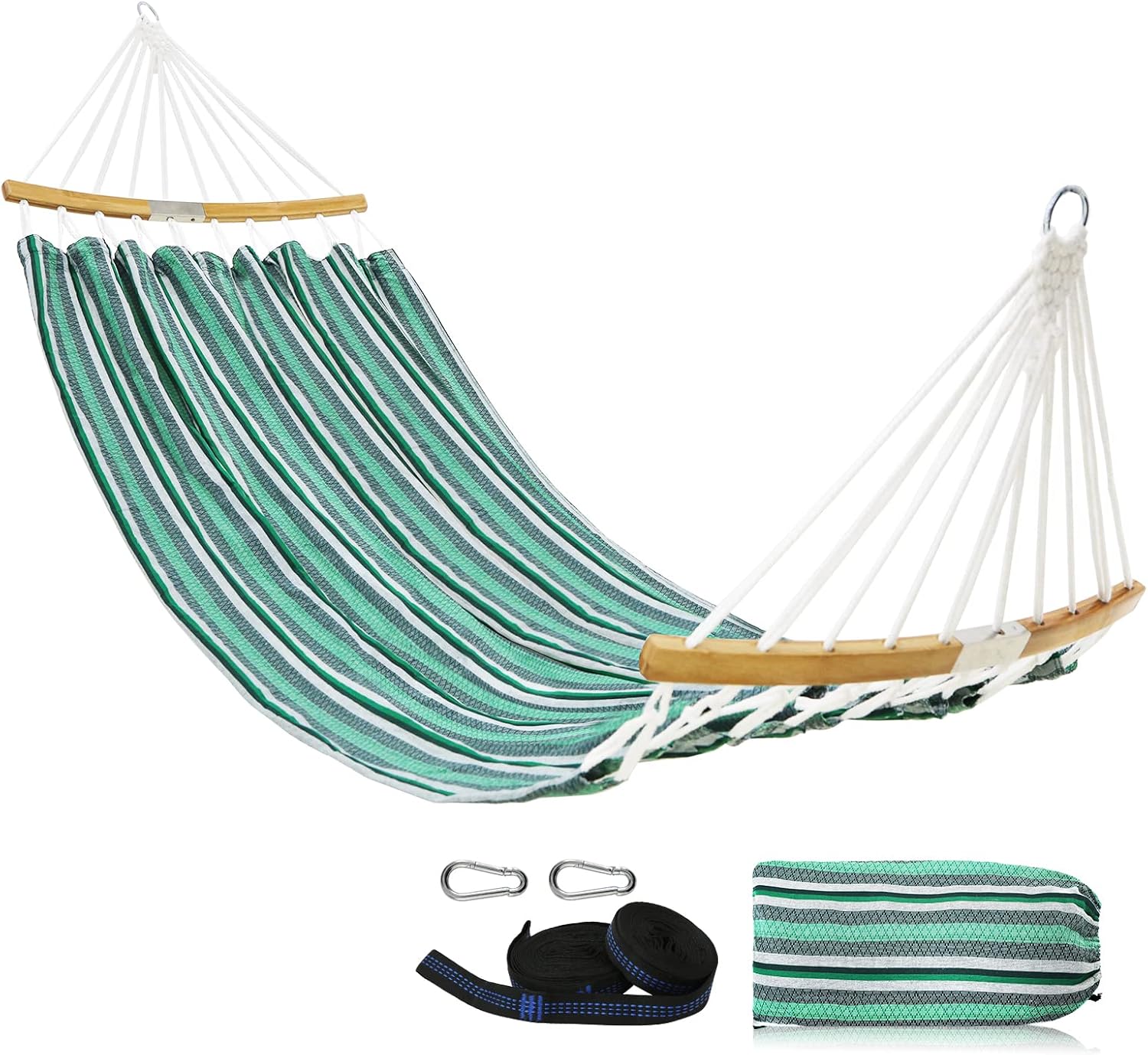 EAGLE PEAK 11 FT Outdoor/Indoor Double Hammock with Folding Curved Spreader Bar, Portable 2 Person Hammock for Backyard, Patio, Camping, Carry Bag and Tree Straps Included, Green
