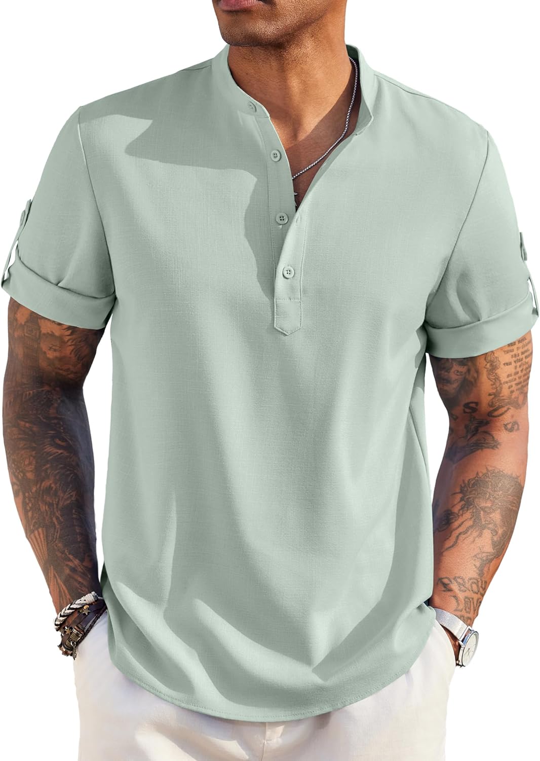 COOFANDY Men's Casual Henley Shirt Short Sleeve Band Collar Linen Shirt Summer Beach Hippie T-Shirts