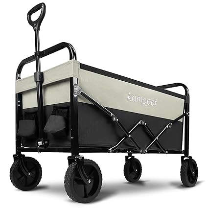 Kamopot Collapsible Wagon Cart, Folding Wagon for Grocery,Utility Wagon for Beach, Sports, Yard, Outdoor. Heavy Duty 220lb, with Cup Holders & DIY Wheels (Black-Grey)