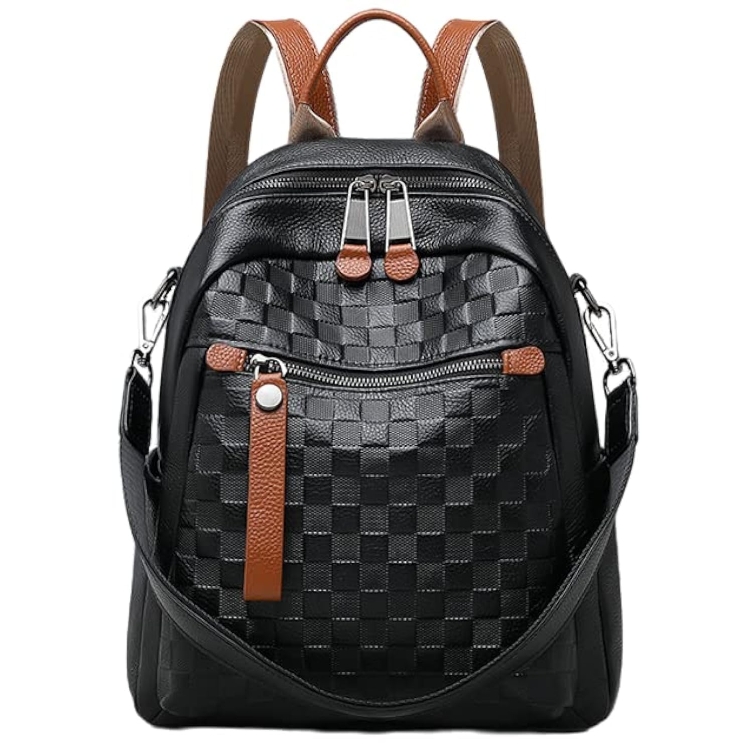 Wesccimo Genuine Leather Backpack Purse For Women Black Real Soft Leather Checkered Convertible Shoulder Casual Daypack Designer Bag