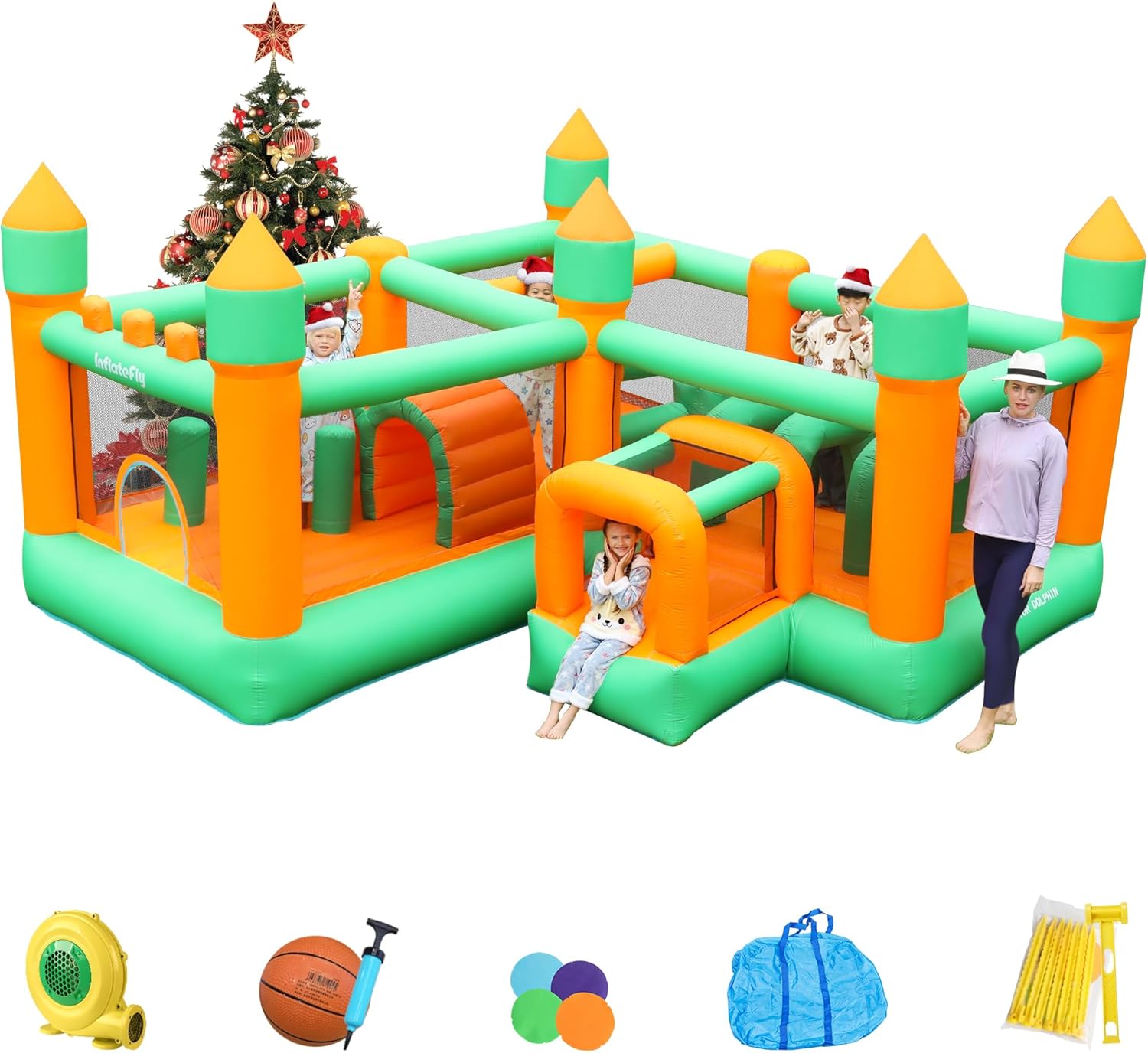 Inflatable Bounce House, 8 in 1 Obstacle Bounce House with 750W Blower, Jumping, Crawling, Punching Bag, Crawl Tunnel, Obstacle Posts for Kids Outdoor Indoor