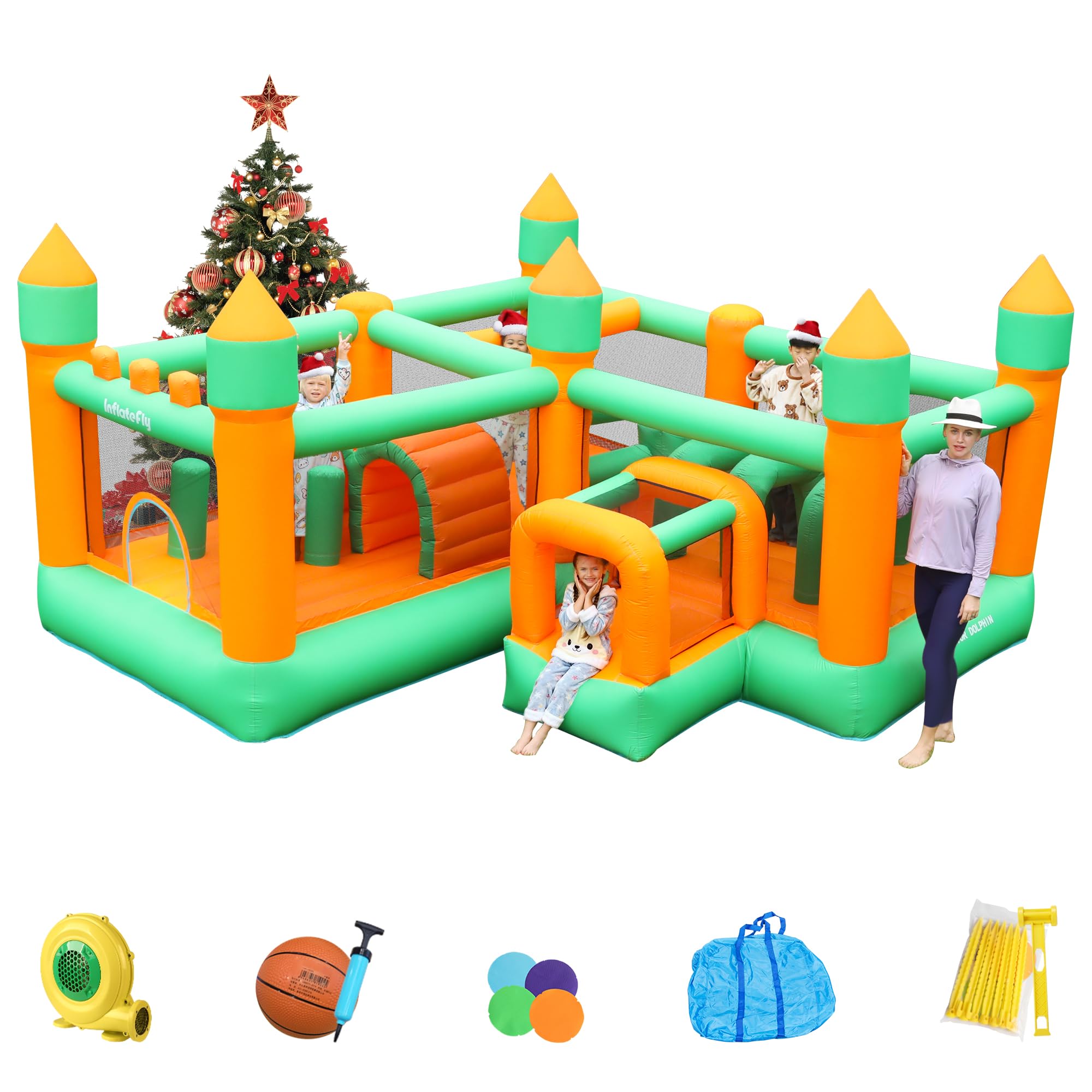 Inflatable Bounce House, 8 in 1 Obstacle Bounce House with 750W Blower, Jumping, Crawling, Punching Bag, Crawl Tunnel, Obstacle Posts for Kids Outdoor Indoor