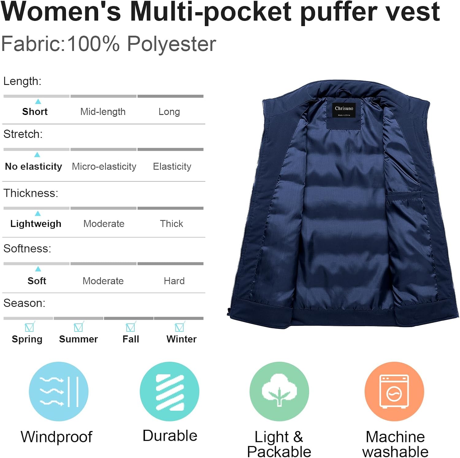 Chrisuno Men's Puffer Vest Casual Stand Collar Quilted Waistcoat Outdoor Padded Ski Vest - Image 3