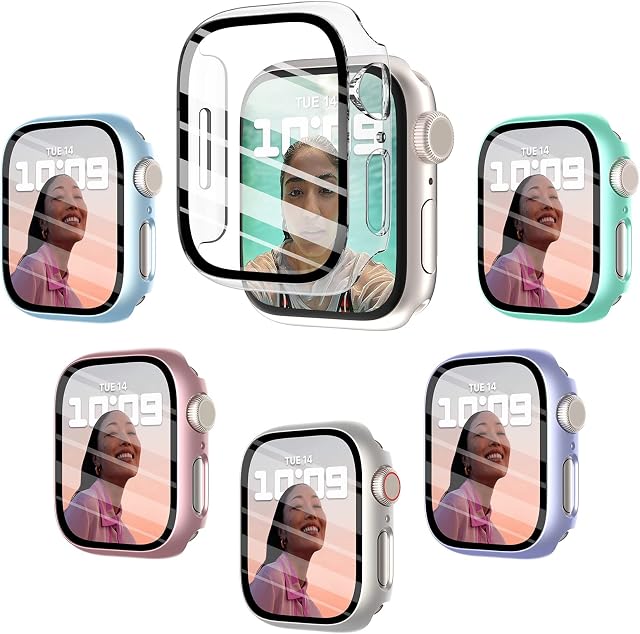 Fullife 6-Pack Hard PC Screen Protector Built-in Tempered Glass Case Compatible with Apple Watch 45mm Series 8/7,Overall Shockproof Bumper Suitable for iWatch 45mm,6 Colors
