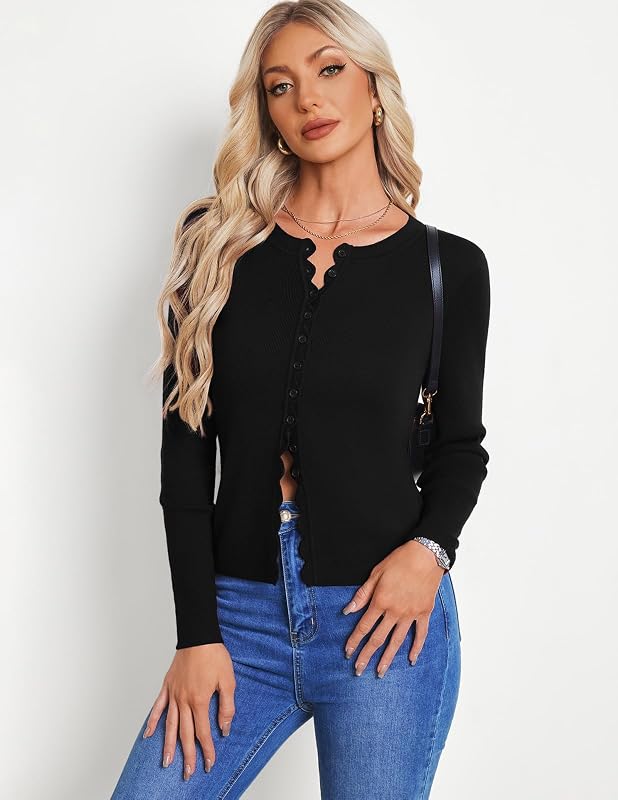 GRACE KARIN Cardigan Sweaters Black – Cropped ribbed knit cardigan
