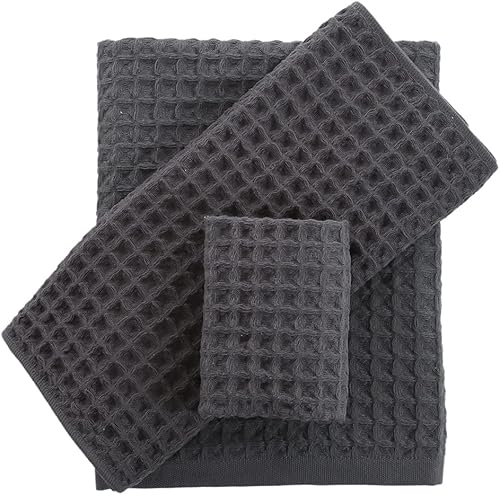 YiLUOMO Juego de toallas de punto gofre, 100% algodón, altamente absorbentes, de secado rápido, para baño (1 toalla de baño, 1 toalla de mano y 1