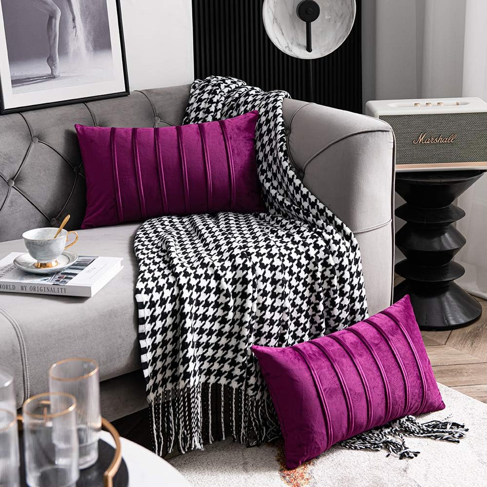 DEZENE 12x20 Purple Throw Pillow Cases: 2 Pack Cozy Soft Striped Velvet Rectangular Decorative Pillow Covers for Couch