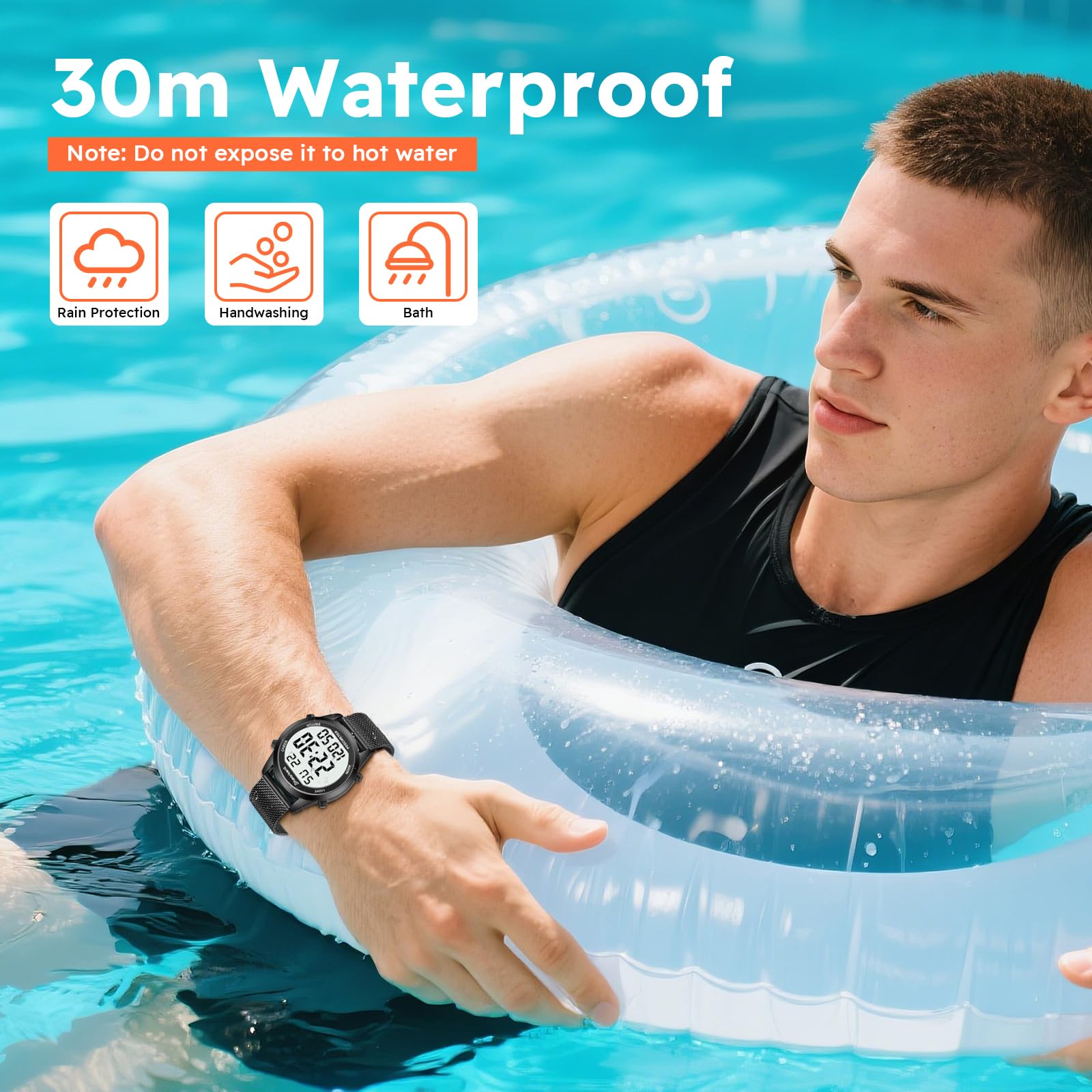 Hearkent Montre numérique étanche pour homme avec podomètre, alarme, calories, distance, alarme, compte à rebours, bracelet en acier inoxydable