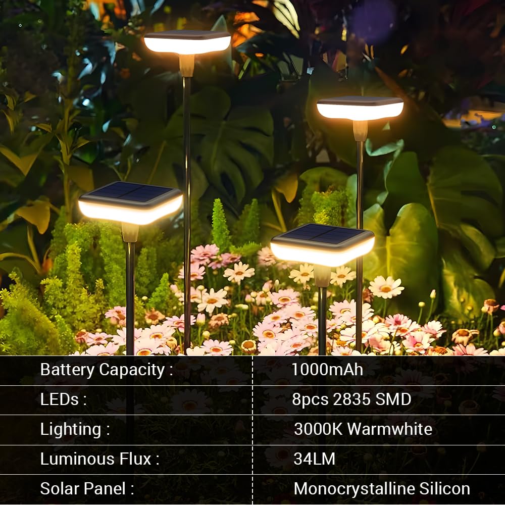 Lampy solarne ogrodowe LED, 4 sztuki, na zewnątrz, ciepła biel, 1000 mAh, super jasne, 34 lumeny, wodoodporność IP65, na zewnątrz, podwórko, do ziemi, na trawnik, dekoracja podjazdu