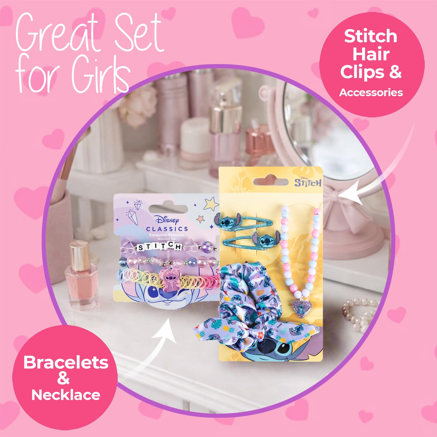 Stitch - Lilo et Stitch - Ensemble Accessoires enfants bijoux et cheveux - Bracelet d'amitié - Collier - Idée Cadeau Fille Stitch Fille