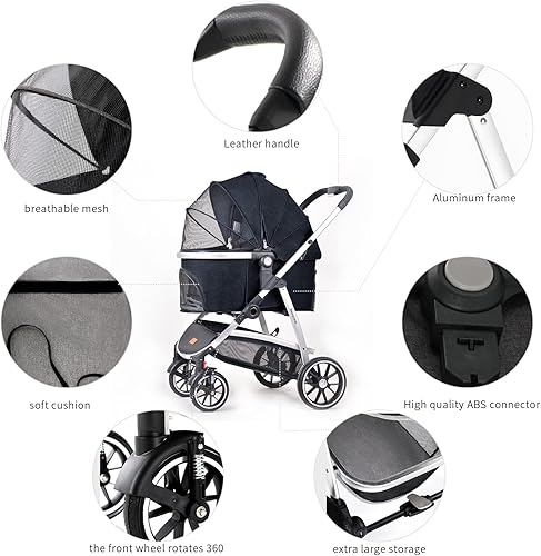 Miniatura 8 de Kenyone Cochecito para mascotas 3 en 1 para perros medianos y pequeños, cochecito grande para gatos con transportador desmontable para cachorros,