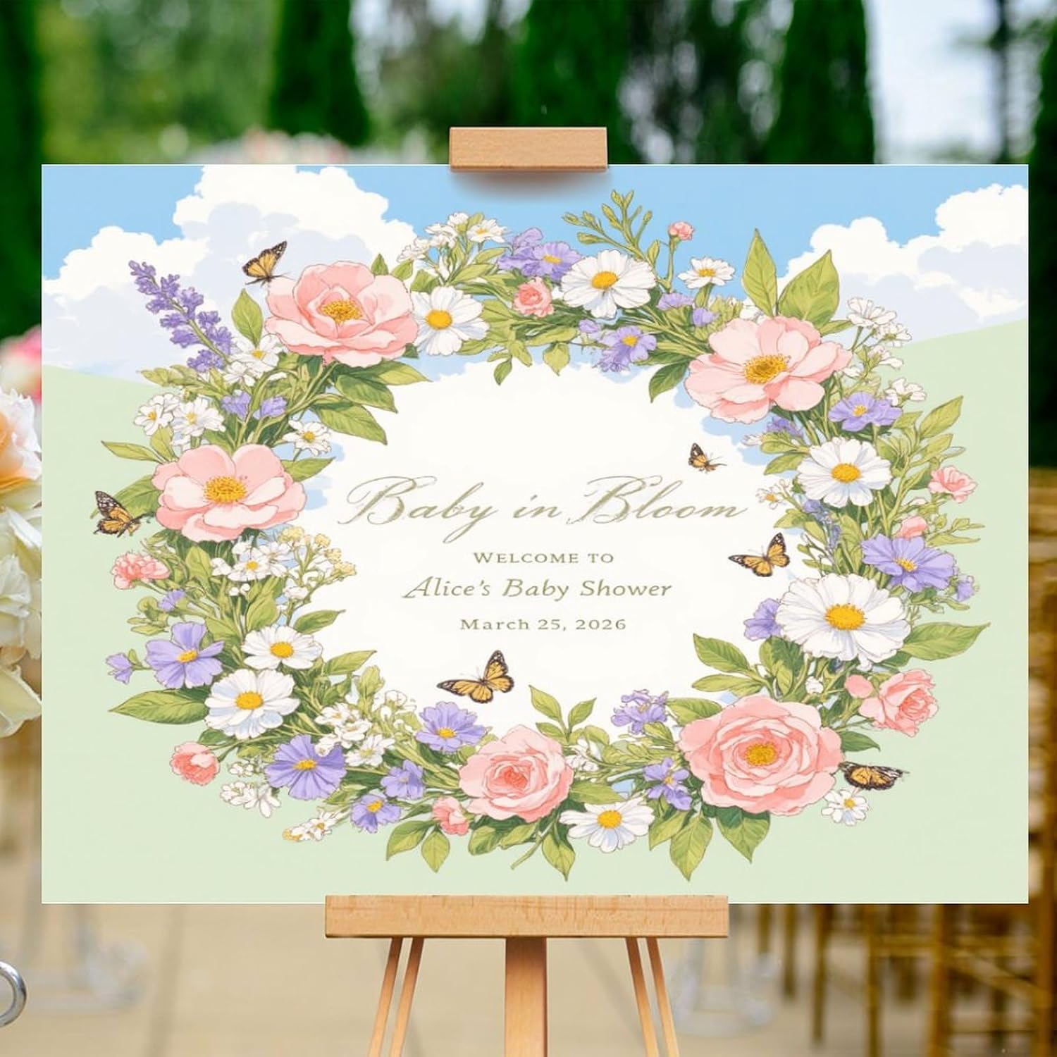 Floral Wreath Personalized Wood Welcome Sign for Baby Shower 12x16in, Welcome Board, Custom Printed Baby Shower Poster, Boy Girl Babys Announcement Party Decor