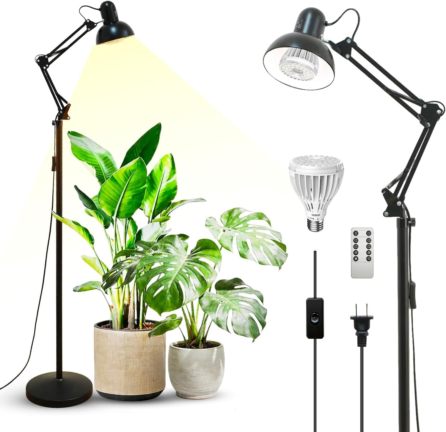 SANSI Grow Lights for Indoor Plants, 32W Plant Lights for Indoor Growing, Full Spectrum Dimmable 39-65 Inches High PPFD Standing Grow Light with PAR25 32W Bulb Remote Control Auto On/Off Timer