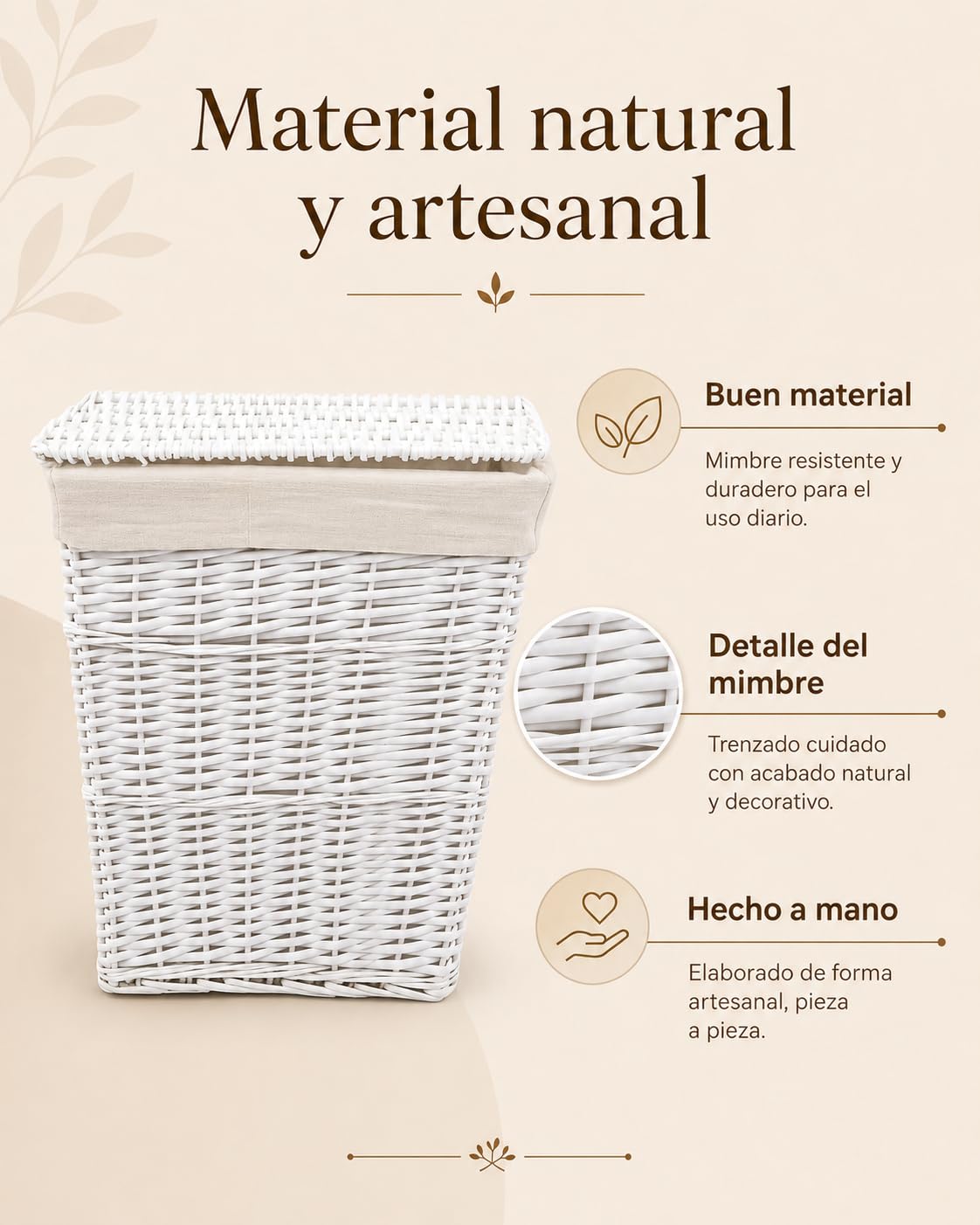 HERSIG - Cesto Ropa Sucia - Cesta Ropa Sucia Diseño Mimbre con Tapa - Cesto Colada con Bolsa Tela Extraíble - Diseño Resistente y Robusto - Recantular Blanco - 42x33x50cm
