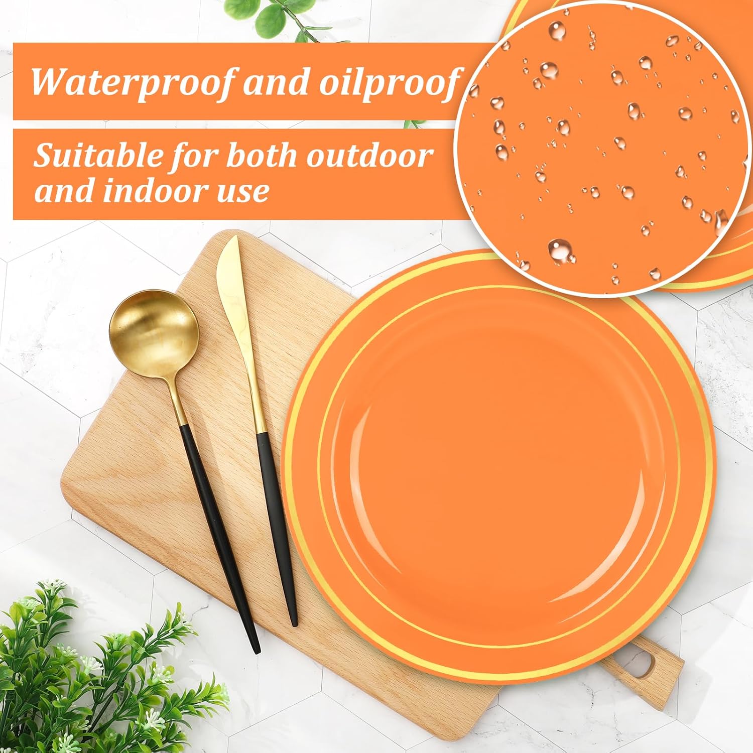 Whaline 50 Pcs Thanksgiving Fall Plastic Plates Orange Gold Foil Bordered Disposable Plates Heavy Duty Decorative Dinner Dessert Plate for Autumn Thanksgiving Tableware Supplies Table Decor