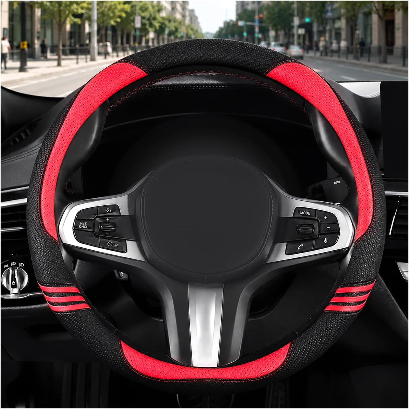 Car Steering Wheel Cover, Carbon Fiber PU Leather Wheels Cover with Anti-Slip Rubber Inner Ring, 14.75-15.15 inches Breathable Durable Vehicle Steering Wheel Protector (Black & Red)