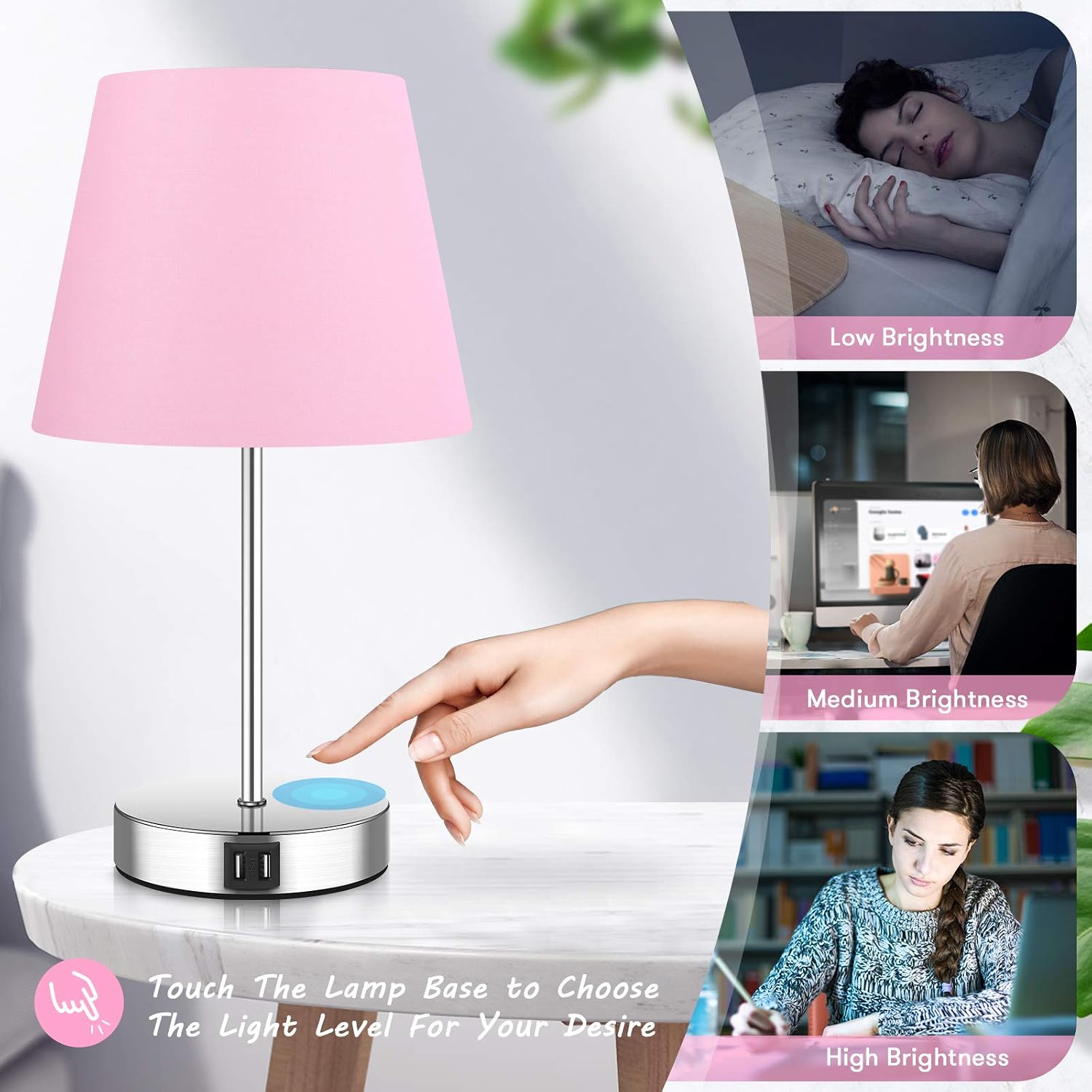 Touch Control Table Lamp, Fast Dual USB Charging Ports & AC Outlet build in Modern Nightstand Lamps, 3 Way Dimmable Bedside Lamp, Light Pink Desk Lamp for Bedroom, Girls room - 5000K LED Bulb Included