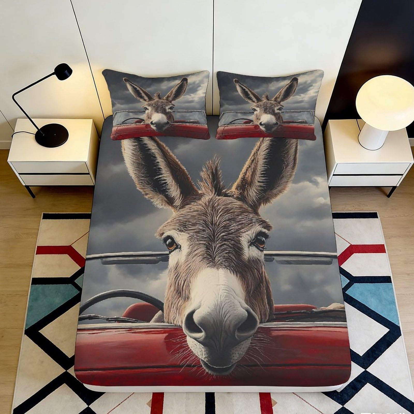 3D Printed Donkey Design Fitted Sheet Microfiber Durable Soft Bed Cover with 3D Animal Print Mattress Cover for Bedroom Dormitory Guest Room Use 160x200x25cm