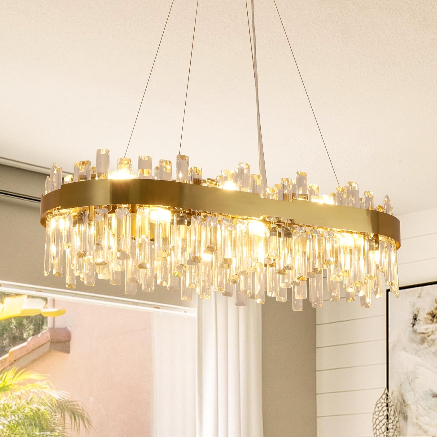 35.4 Inch Dimmable Modern Gold Crystal Chandelier, Luxury 2-Tier Rectangular K9 …