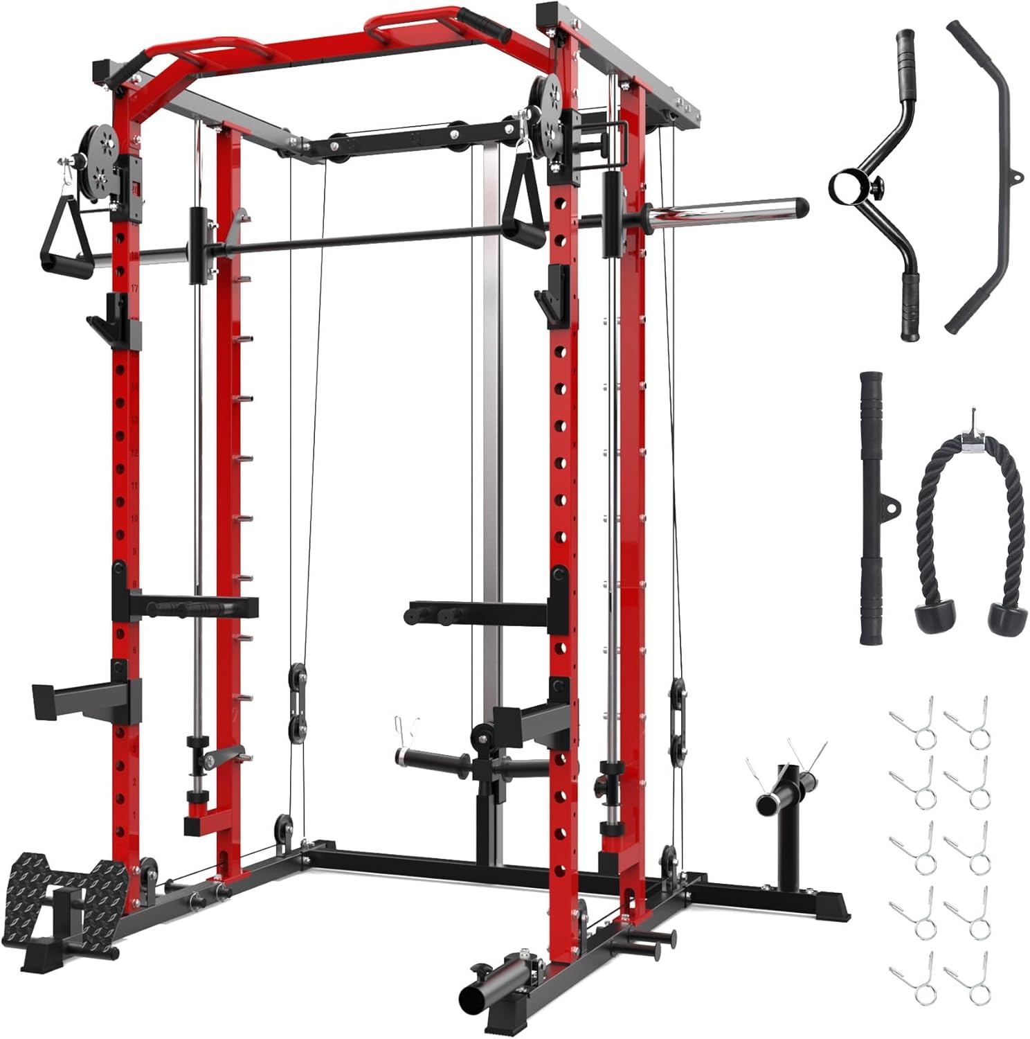 GAOMON Smith Machine Squat Rack, Heavy Duty Strength Training Power Cage with Pulley System, Dip Bar, LAT Pulldown, Multifunctional Workout Machine for Home Gym, Studio, Red