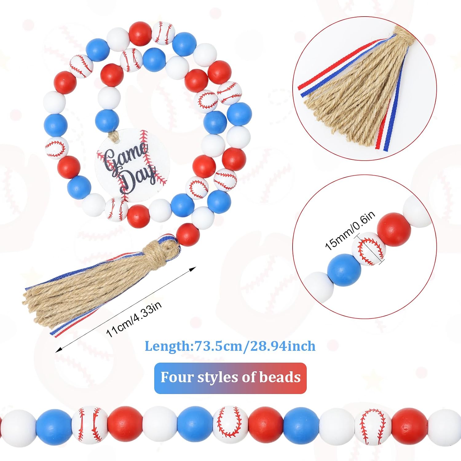 Decoendiy Baseball Wooden Beads Tassel, Summer Sports Print Wood Beads String, Tiered Tray Decor Beads, Rustic Farmhouse Beads for Wall Hanging Home Decorations (Blue)