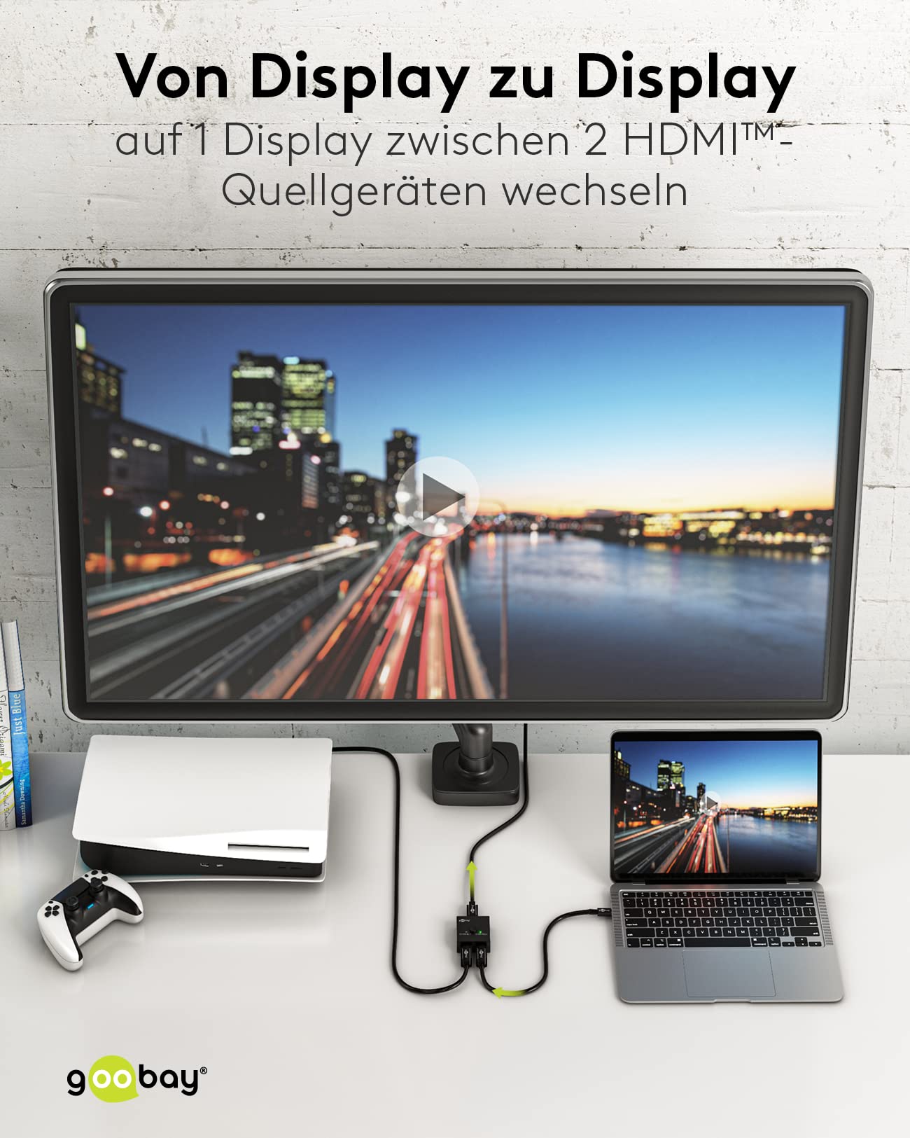 goobay 58485 HDMI Switch 2 w 1 Out/4K przy 30 Hz (2160p) HDMI rozdzielacz/HDMI 1.4 przełącznik do PS4, PS5, laptopów lub monitorów