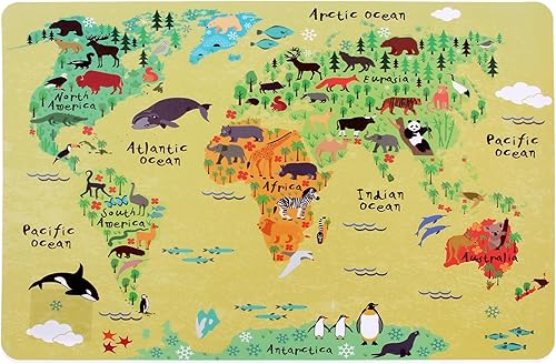 Miniatura 4 de Juego de 3 manteles individuales con diseño de mapa del mundo, diseño educativo de geografía de animales, para niños, mesa de plástico, divertidos,