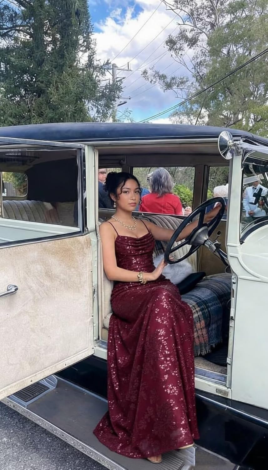 Lace Sequins Prom Dress 2026 for Women Long Cowl Neck Spaghetti Straps Pleated A-Line Formal Evening Ball Gown - Image 7