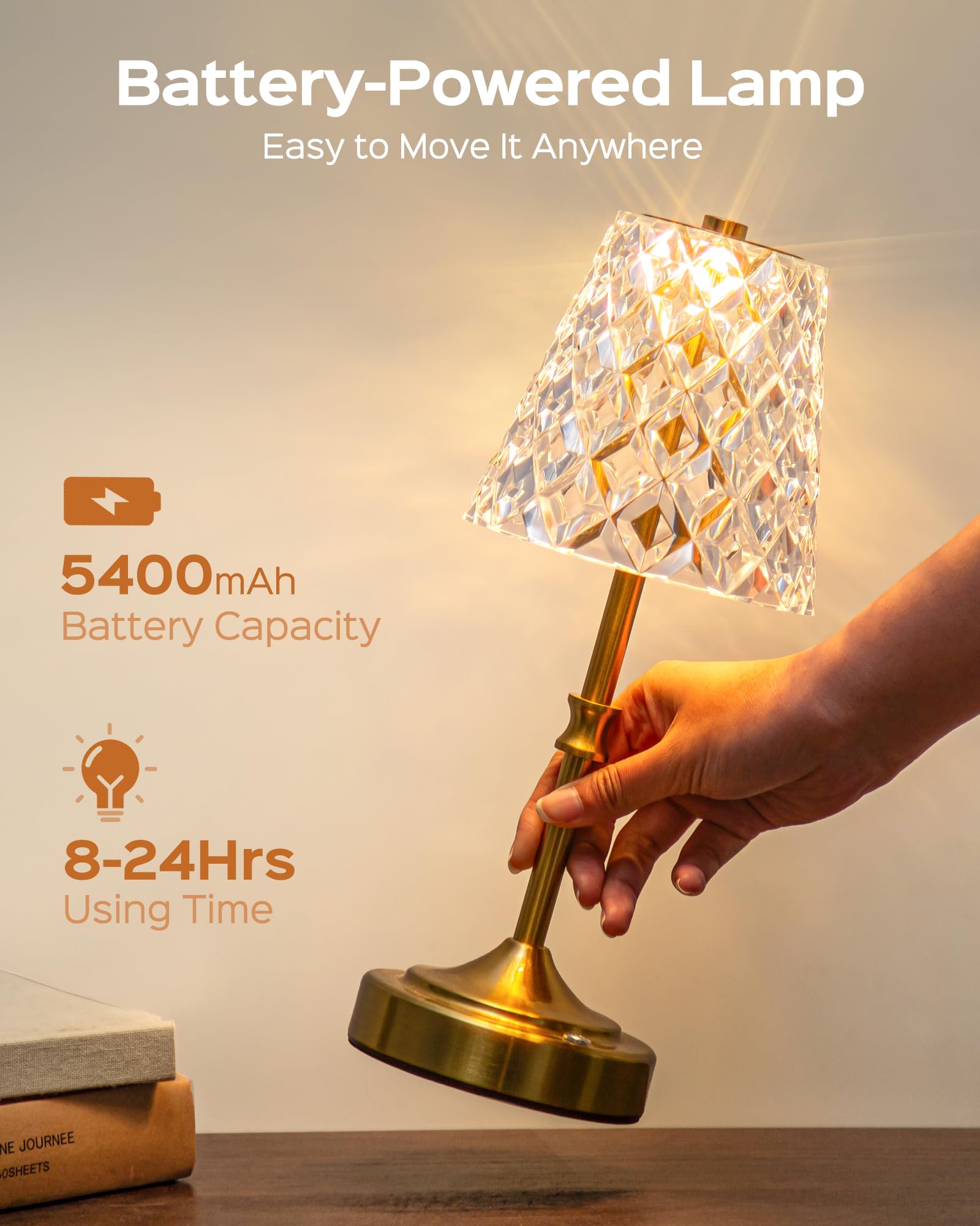 Lámpara inalámbrica recargable, pantalla de cristal acrílico, 3 colores con atenuador integrado, funciona con batería de 5400 mAh, lámpara inalámbrica para encimera de cocina, dormitorio 5
