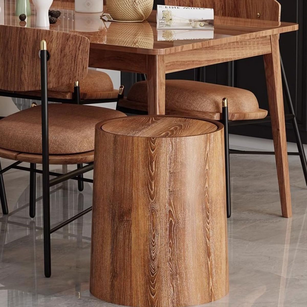 Kichvoe Papelera de Plástico Pp Imitación Madera 15l Tapa Abatible para Hogar y Oficina, Cubo de Basura Grande Decorativo para Baño, Sala y Dormitorio, Bote Resistente y Fácil de Limpiar