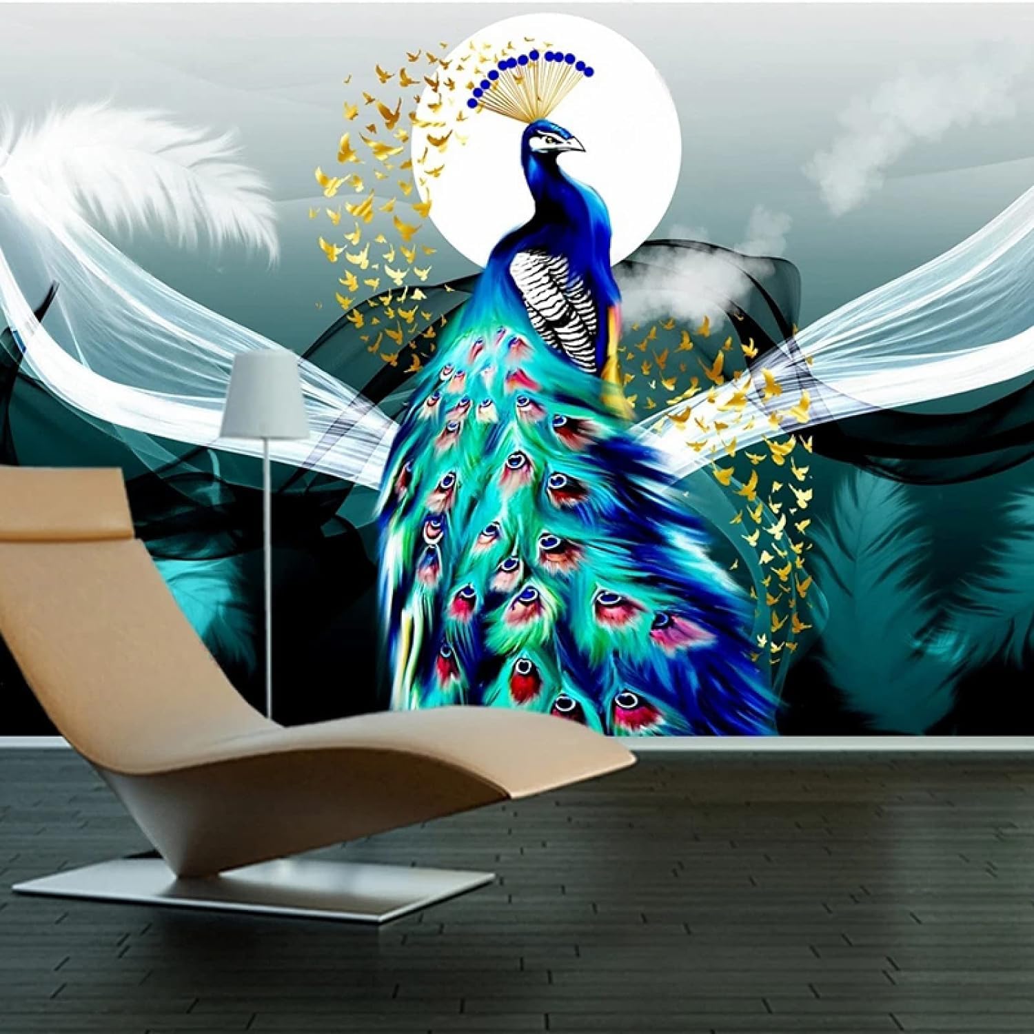 Papier peint salon décoration paon 3D pour créer une ambiance nature chic derrière la TV