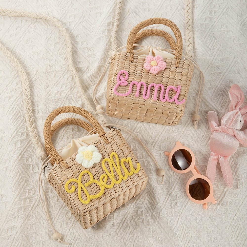 Personalized Crossbody Straw Bag Toddler Girl Flower Play Purse Custom Name Little Girl Beach Hand Bags Embroidered Baby Girls Purses with Customized Name Gift Basket Kids Tote Bag Birthday Gifts