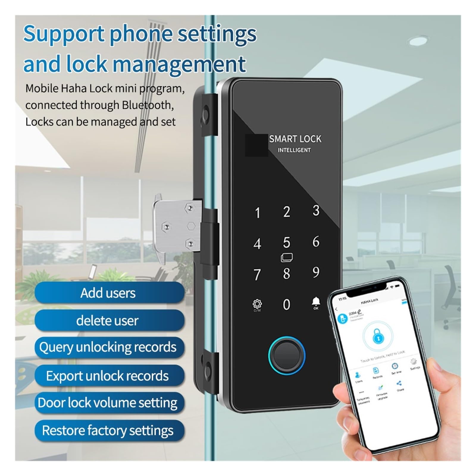 Blokada drzwi szklanych z Bluetooth, inteligentnym zamkiem, zdalnym odblokowaniem, odciskiem palca i hasłem, rejestracją czasu pracy,Większe bezpieczeństwo(B)