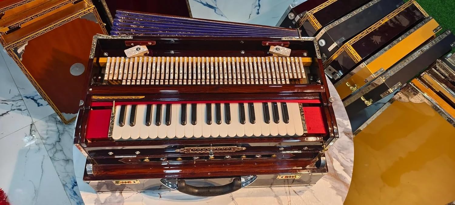 NamasteHimalayas Premium 3-Reed, 9-Scale Changer Professional Harmonium – Mahogany Glossy Finish with Stunning Brass Decoration Touch